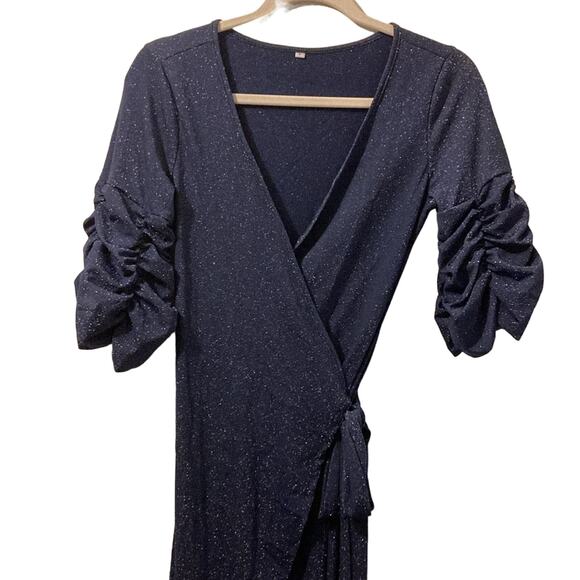 Starry night Glitter Maxi Wrap Dress metallic blue true wrap cocktail ruched s - Picture 9 of 15